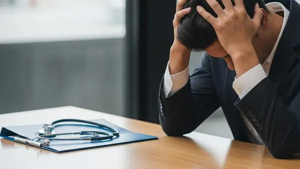 A person sitting at a wooden desk with their head in their hands looking stressed with a medical folder and a stethoscope nearby