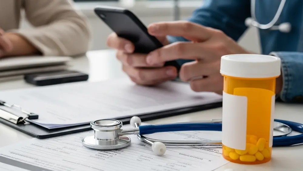 A close up of medical records and a stethoscope next to a bottle of prescription medication on a desk.