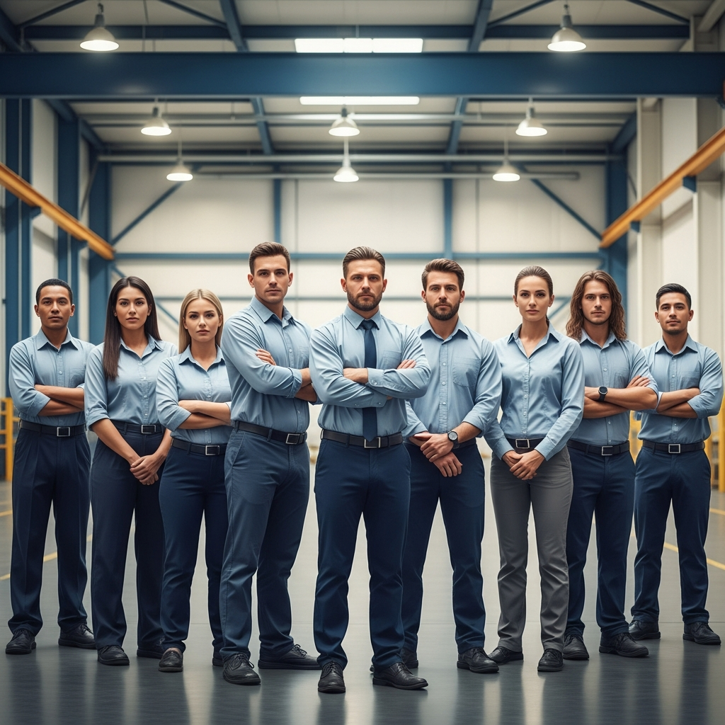 A wide-angle shot of diverse workers in blue-collar and business casual attire standing side-by-side in a large, modern industrial hall, looking determinedly toward the camera.