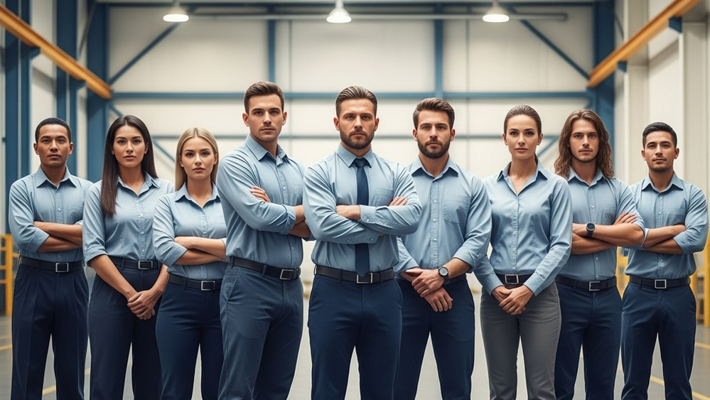 A wide-angle shot of diverse workers in blue-collar and business casual attire standing side-by-side in a large, modern industrial hall, looking determinedly toward the camera.