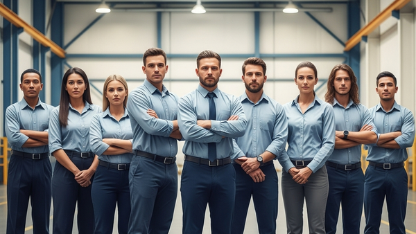 A wide-angle shot of diverse workers in blue-collar and business casual attire standing side-by-side in a large, modern industrial hall, looking determinedly toward the camera.