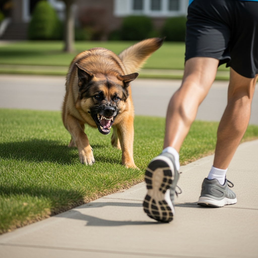 An aggressive large dog charging across a suburban lawn toward a sidewalk where a jogger's running shoes are visible in stride.