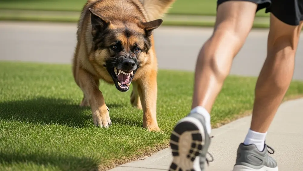 An aggressive large dog charging across a suburban lawn toward a sidewalk where a jogger's running shoes are visible in stride.