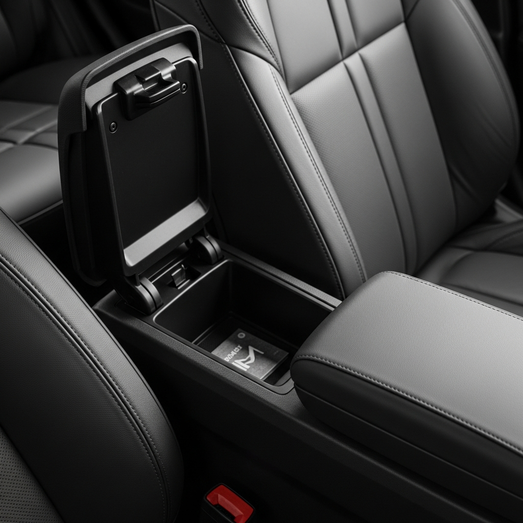 A detailed view of a modern car's center console with the storage bin and armrest inside the front cabin.