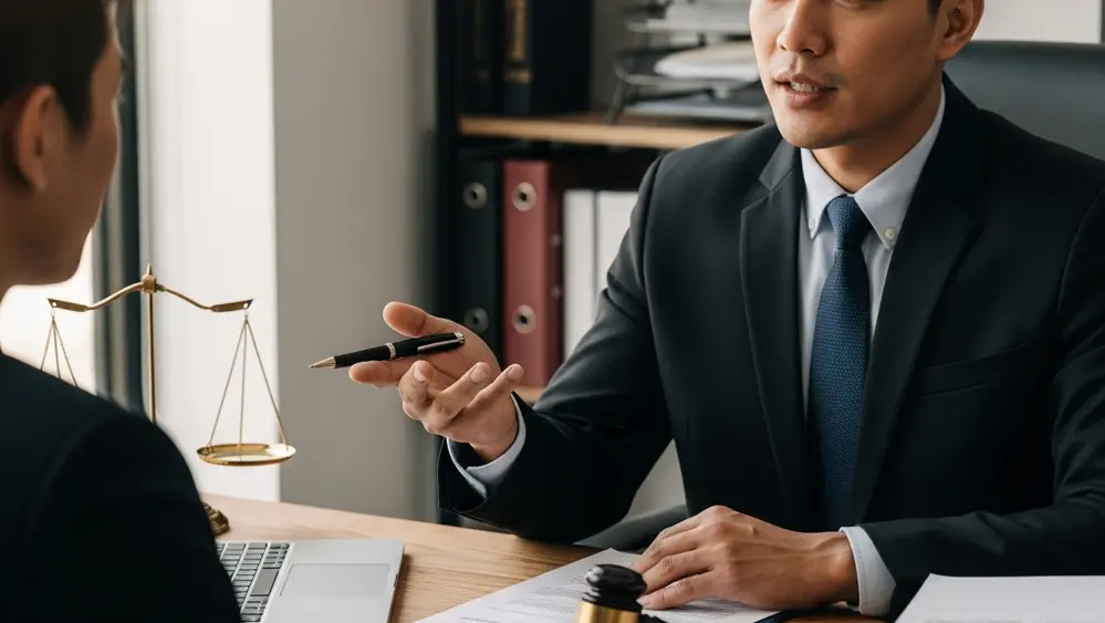 A professional legal consultation occurring in a modern office, where a lawyer is explaining options to a client across a wooden desk with a gavel nearby.