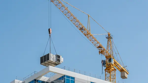 A yellow construction crane lifting a heavy HVAC unit onto a modern building rooftop under a clear blue Florida sky.