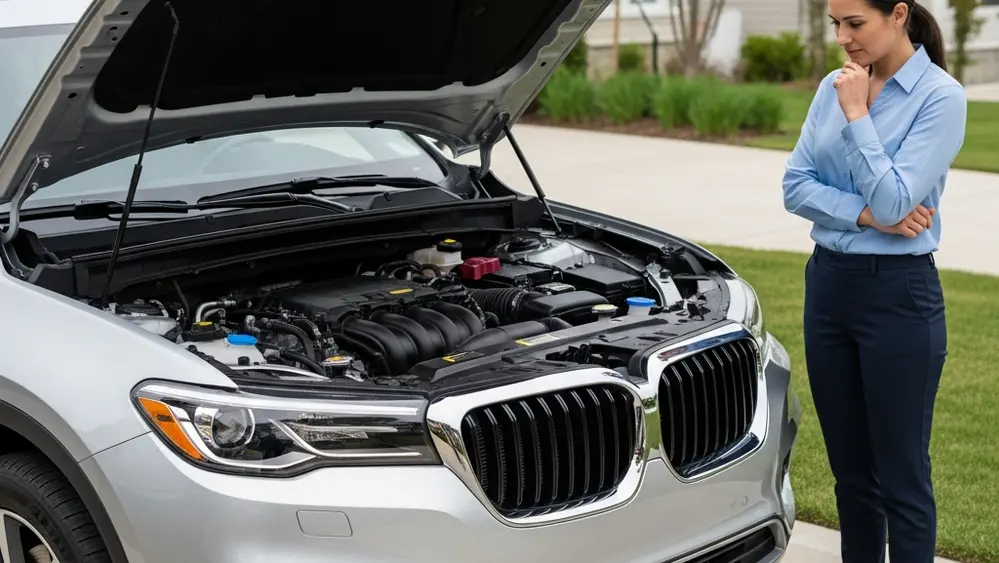 A modern silver SUV parked in a well-lit driveway with its hood open, showing a clean engine bay while a person stands nearby looking at it.