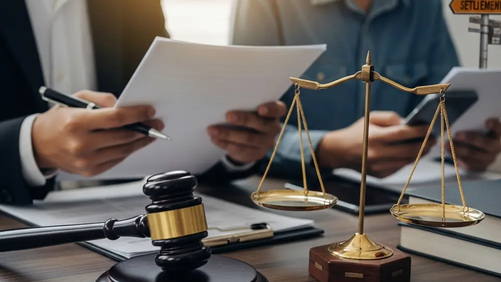 A gavel resting on a desk next to a scale of justice representing an employment law settlement.