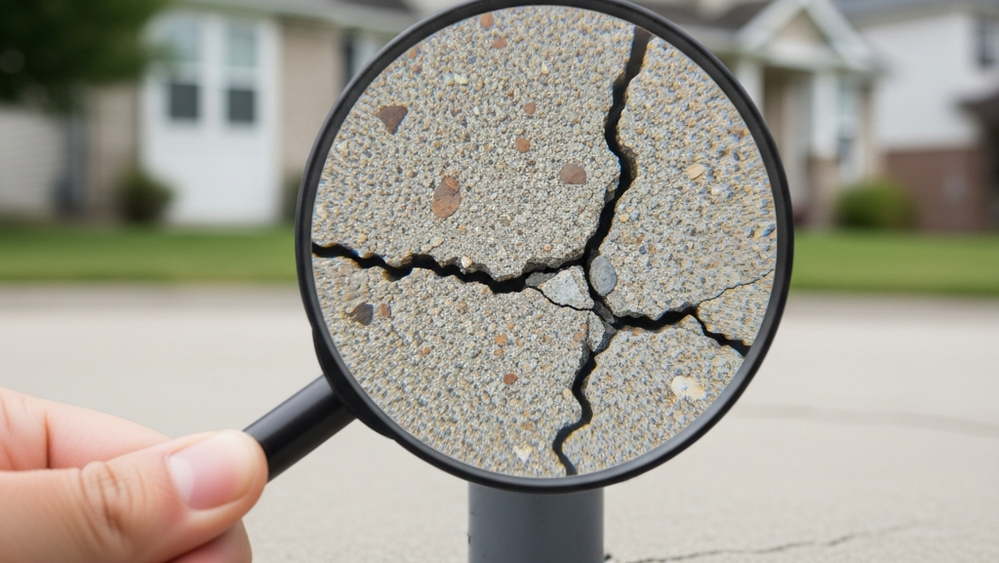 A magnifying glass held over a cracked foundation of a residential house, symbolizing the investigation of undisclosed property defects.