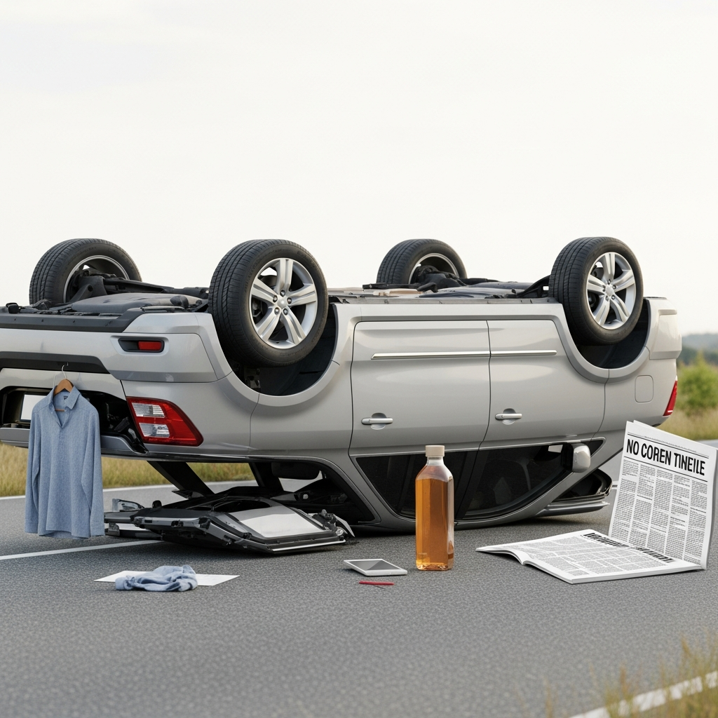 An overturned SUV resting on its side on a paved roadway after a violent rollover crash.