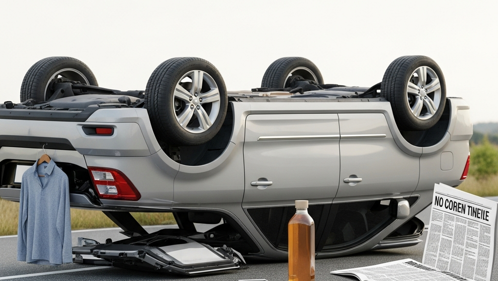 An overturned SUV resting on its side on a paved roadway after a violent rollover crash.