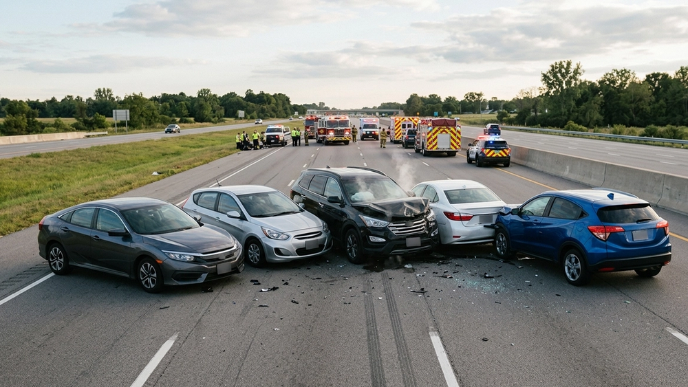 A wide-angle shot of a multi-vehicle collision involving five cars on a multi-lane highway with emergency response lights in the distance.