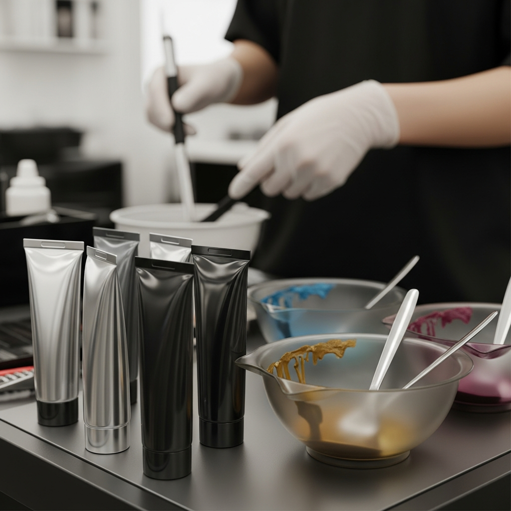 A close-up of several professional hair dye tubes and mixing bowls on a salon workstation, with a stylist in the background wearing protective gloves.