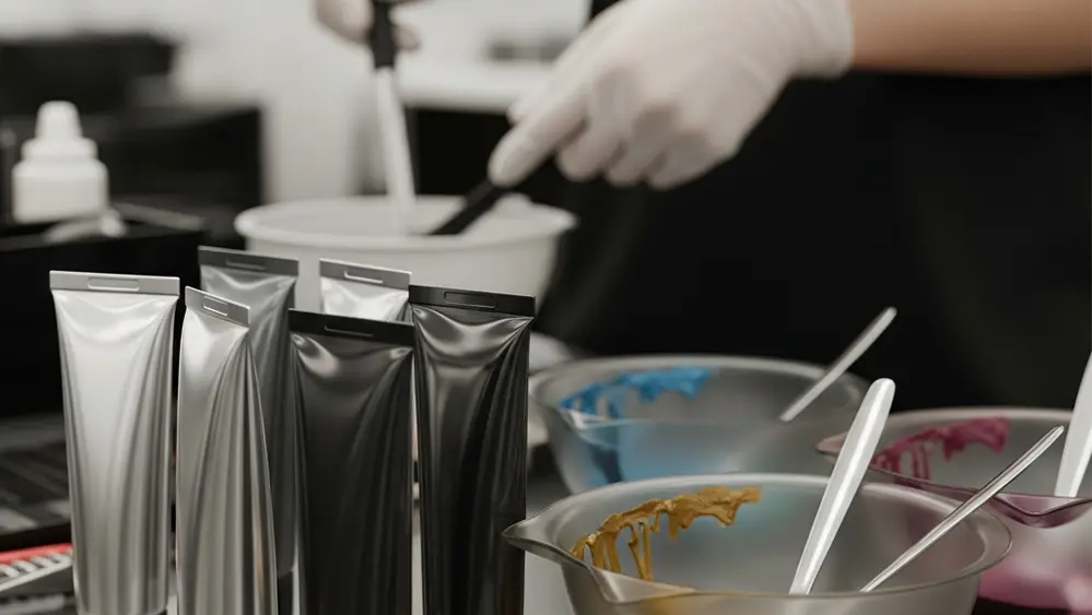 A close-up of several professional hair dye tubes and mixing bowls on a salon workstation, with a stylist in the background wearing protective gloves.