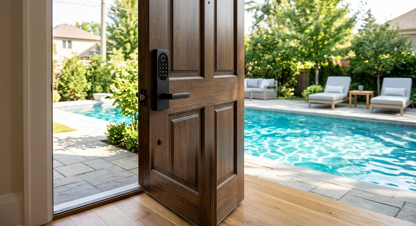 A modern front door with a digital smart lock installed on the wooden surface, looking out toward a backyard swimming pool shimmering in the sunlight.