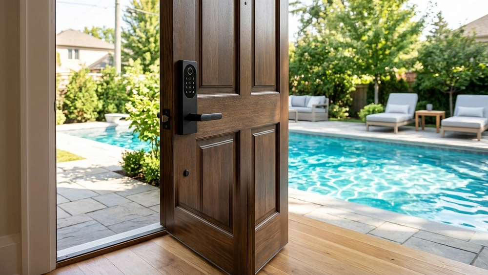 A modern front door with a digital smart lock installed on the wooden surface, looking out toward a backyard swimming pool shimmering in the sunlight.
