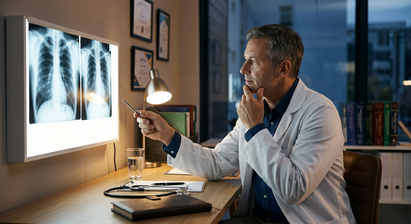 A doctor in a white coat looking at a chest X-ray in a dimly lit office, appearing focused and contemplative, with a stethoscope on their desk.