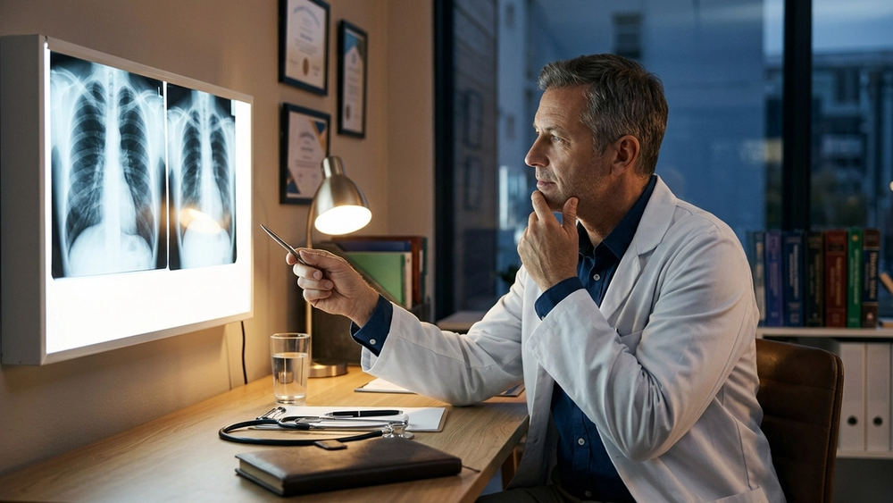 A doctor in a white coat looking at a chest X-ray in a dimly lit office, appearing focused and contemplative, with a stethoscope on their desk.