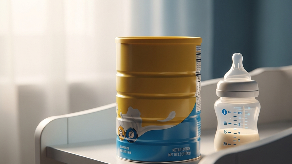 A close-up view of a yellow and blue infant formula container sitting on a nursery shelf next to a baby bottle, with soft morning light illuminating the scene.