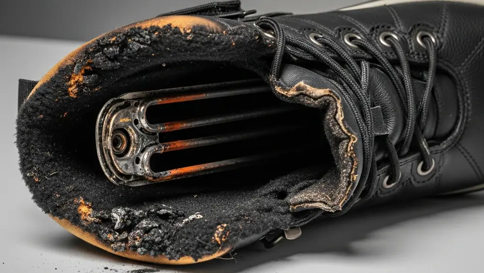 A close-up of a damaged winter boot with visible singe marks and a charred internal heating element on a neutral surface.