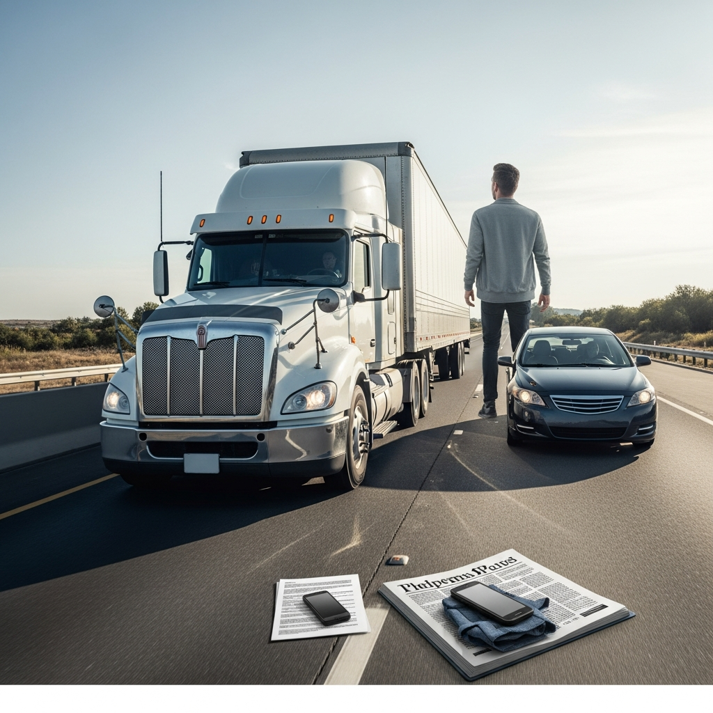 A large commercial semi-truck on a multi-lane highway next to a smaller sedan, highlighting the extreme difference in size and scale between the two vehicles.