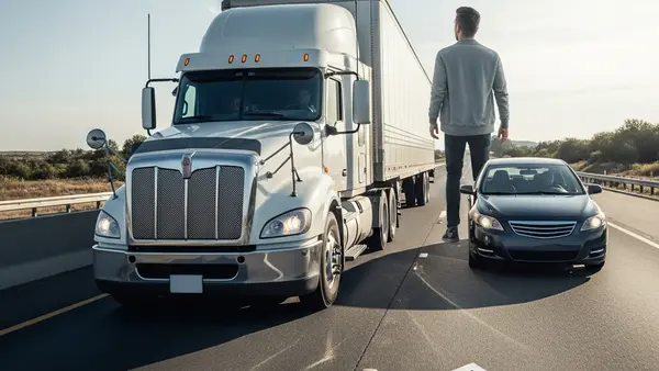 A large commercial semi-truck on a multi-lane highway next to a smaller sedan, highlighting the extreme difference in size and scale between the two vehicles.