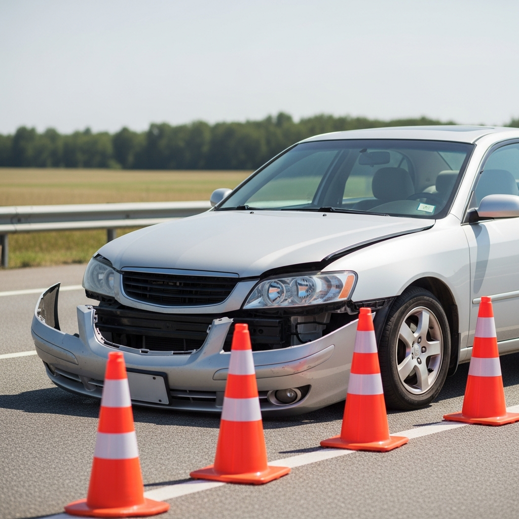 A silver sedan with a crumpled front bumper parked on the side of a highway next to a set of orange traffic cones.
