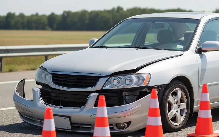 A silver sedan with a crumpled front bumper parked on the side of a highway next to a set of orange traffic cones.