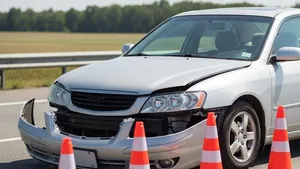 A silver sedan with a crumpled front bumper parked on the side of a highway next to a set of orange traffic cones.