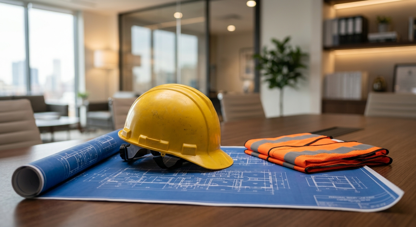 A close-up view of a construction worker's hard hat sitting on a blueprint next to a protective safety vest in a professional office setting.