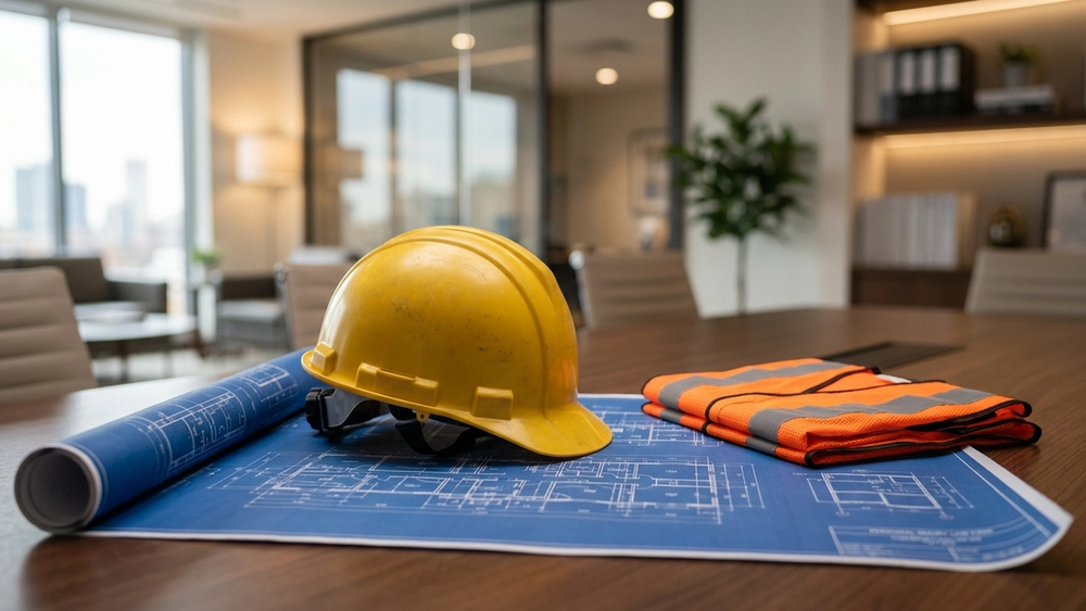 A close-up view of a construction worker's hard hat sitting on a blueprint next to a protective safety vest in a professional office setting.