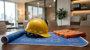 A close-up view of a construction worker's hard hat sitting on a blueprint next to a protective safety vest in a professional office setting.