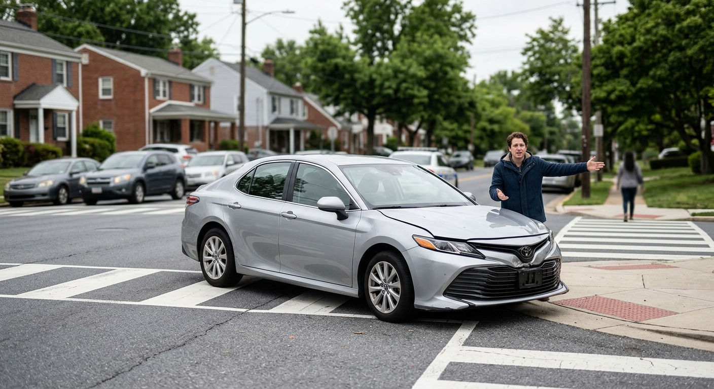 A modern sedan with front-end damage sits at a suburban Maryland intersection while a person gestures toward a nearby crosswalk.