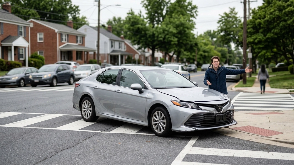 A modern sedan with front-end damage sits at a suburban Maryland intersection while a person gestures toward a nearby crosswalk.