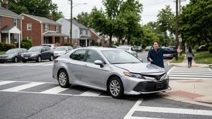 A modern sedan with front-end damage sits at a suburban Maryland intersection while a person gestures toward a nearby crosswalk.