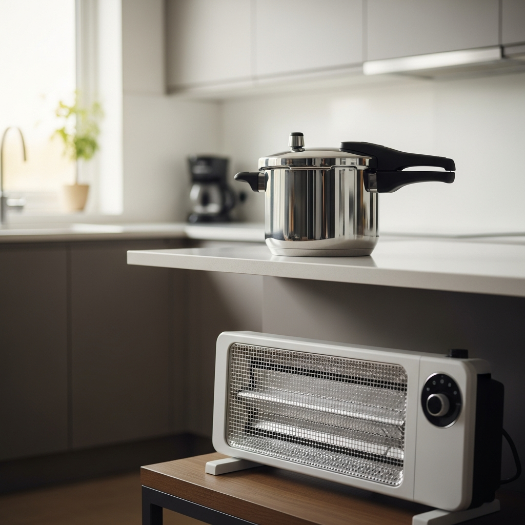 A modern kitchen counter with a stainless steel pressure cooker and an electric space heater nearby, symbolizing common household appliance hazards.