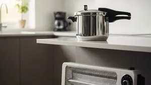 A modern kitchen counter with a stainless steel pressure cooker and an electric space heater nearby, symbolizing common household appliance hazards.
