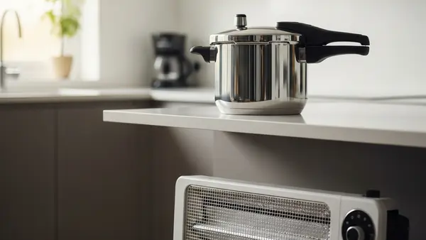 A modern kitchen counter with a stainless steel pressure cooker and an electric space heater nearby, symbolizing common household appliance hazards.