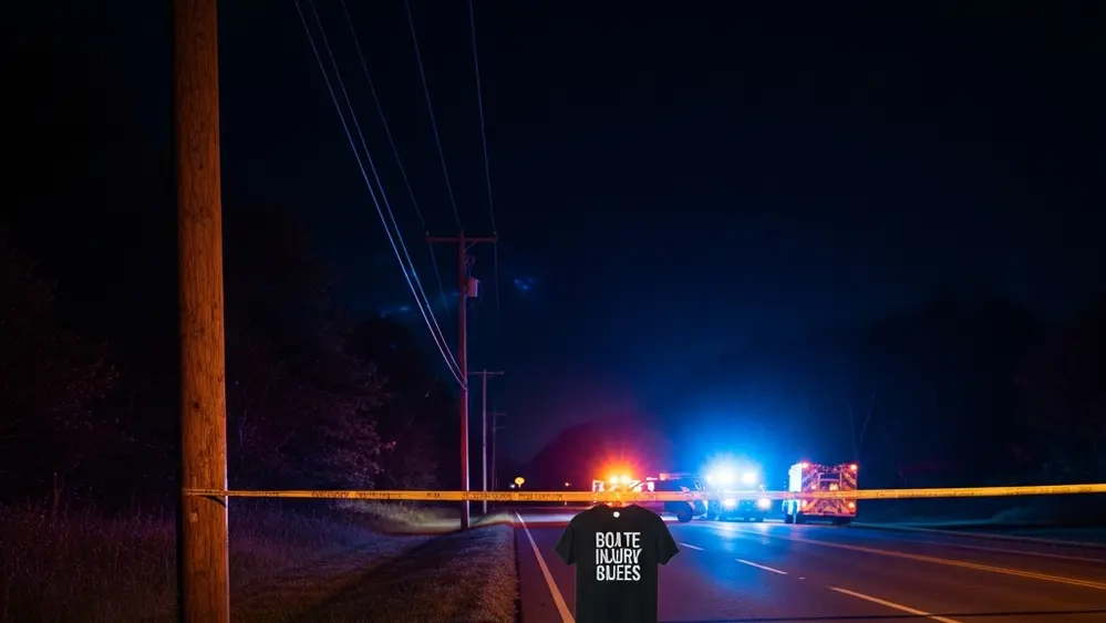 A utility pole standing along a roadside with emergency vehicle lights reflecting on the pavement during a night investigation.