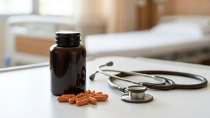 A close-up view of a prescription medication bottle and several orange capsules resting on a white hospital table next to a medical stethoscope.