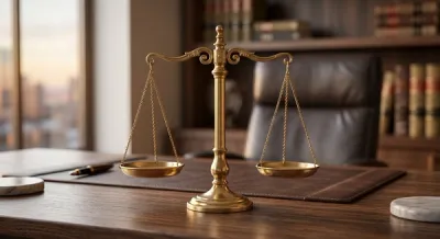 A set of brass scales of justice balanced on a wooden desk to symbolize the Missouri pure comparative negligence system and the apportionment of fault.