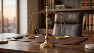 A set of brass scales of justice balanced on a wooden desk to symbolize the Missouri pure comparative negligence system and the apportionment of fault.