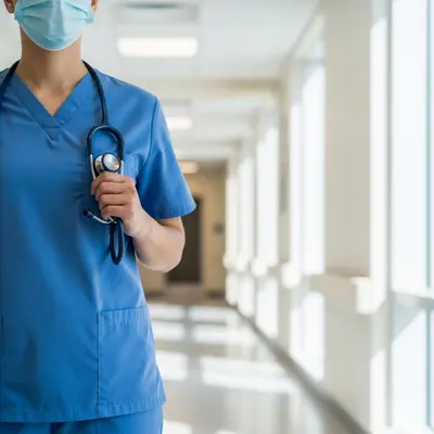 A healthcare professional in blue scrubs and a face mask holding a stethoscope while standing in a bright hospital hallway.