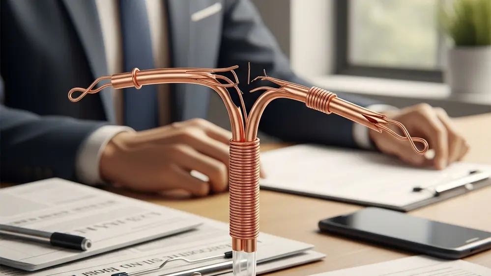 A medical illustration of a copper IUD contraceptive device with one of the horizontal arms fractured or broken.