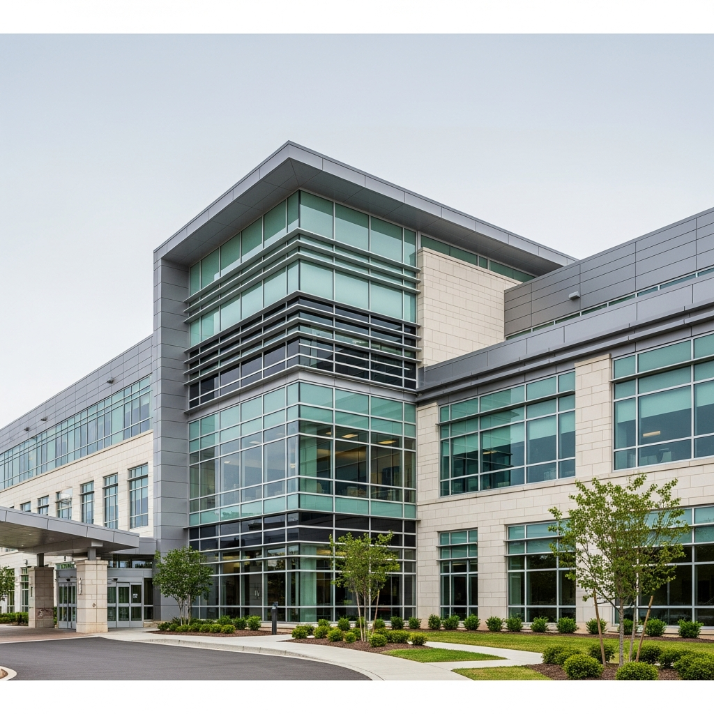A modern healthcare facility building with large windows and a clean architectural design, representing a professional medical environment.