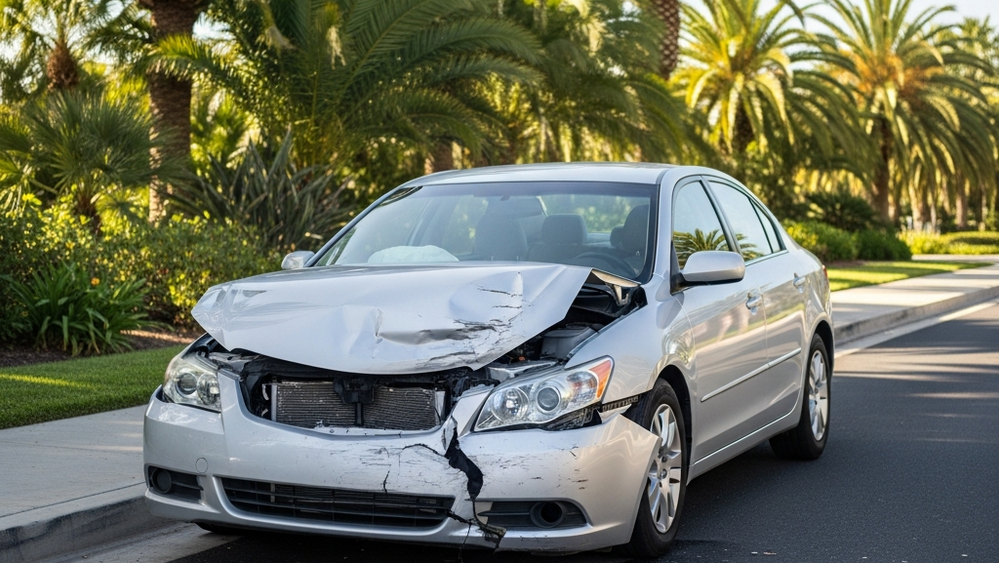 A silver sedan with a crumpled hood and shattered front bumper rests on a dark asphalt road next to a sidewalk with palm trees in the background.