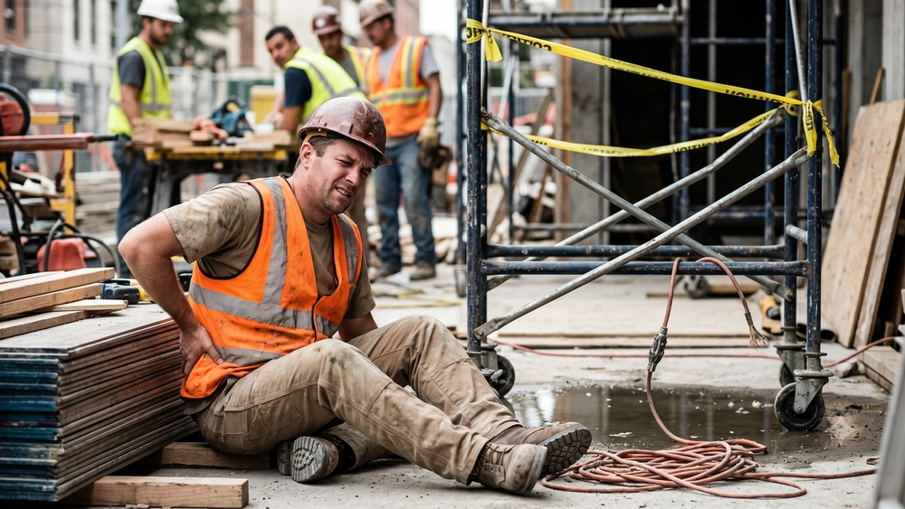 A documentary-style photograph on a construction site depicting an injured worker in a safety vest wincing and holding his lower back near the base of improperly constructed metal scaffolding that clearly lacks guardrails, illustrating a safety violation linked to a workplace injury.