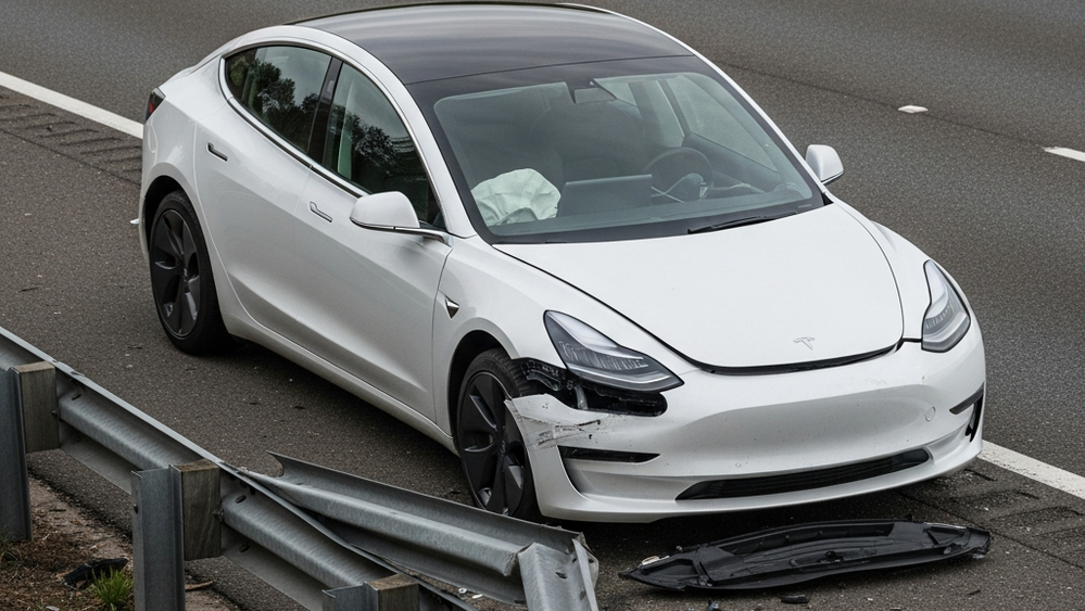 A white Tesla Model 3 with front-end damage near a mangled metal guardrail on the side of a highway.