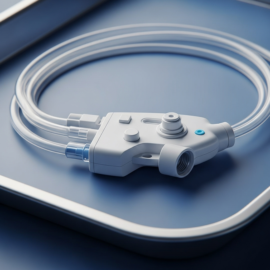A close-up view of a medical port catheter device made of translucent tubing and a plastic housing, resting on a blue sterile medical tray.