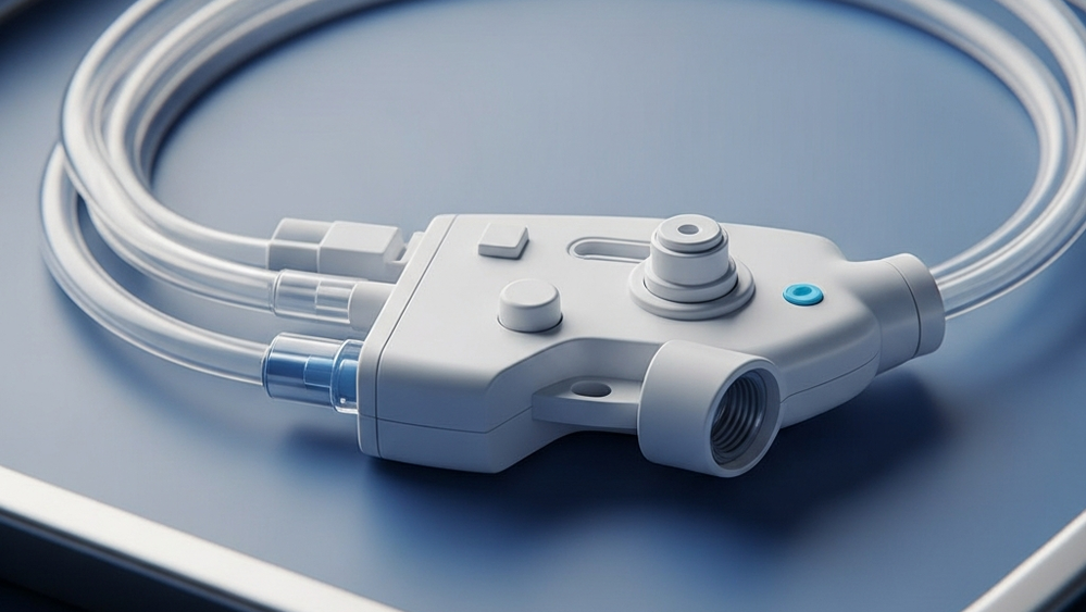 A close-up view of a medical port catheter device made of translucent tubing and a plastic housing, resting on a blue sterile medical tray.
